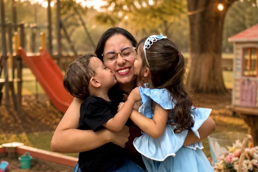 Mãe abraçada aos dois filhos ao ar livre